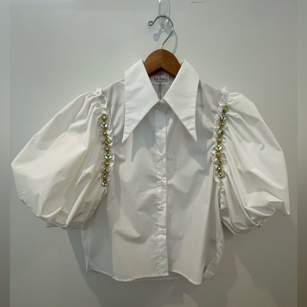 La’ Ros Jeweled Balloon Sleeve Wide Collar Blouse